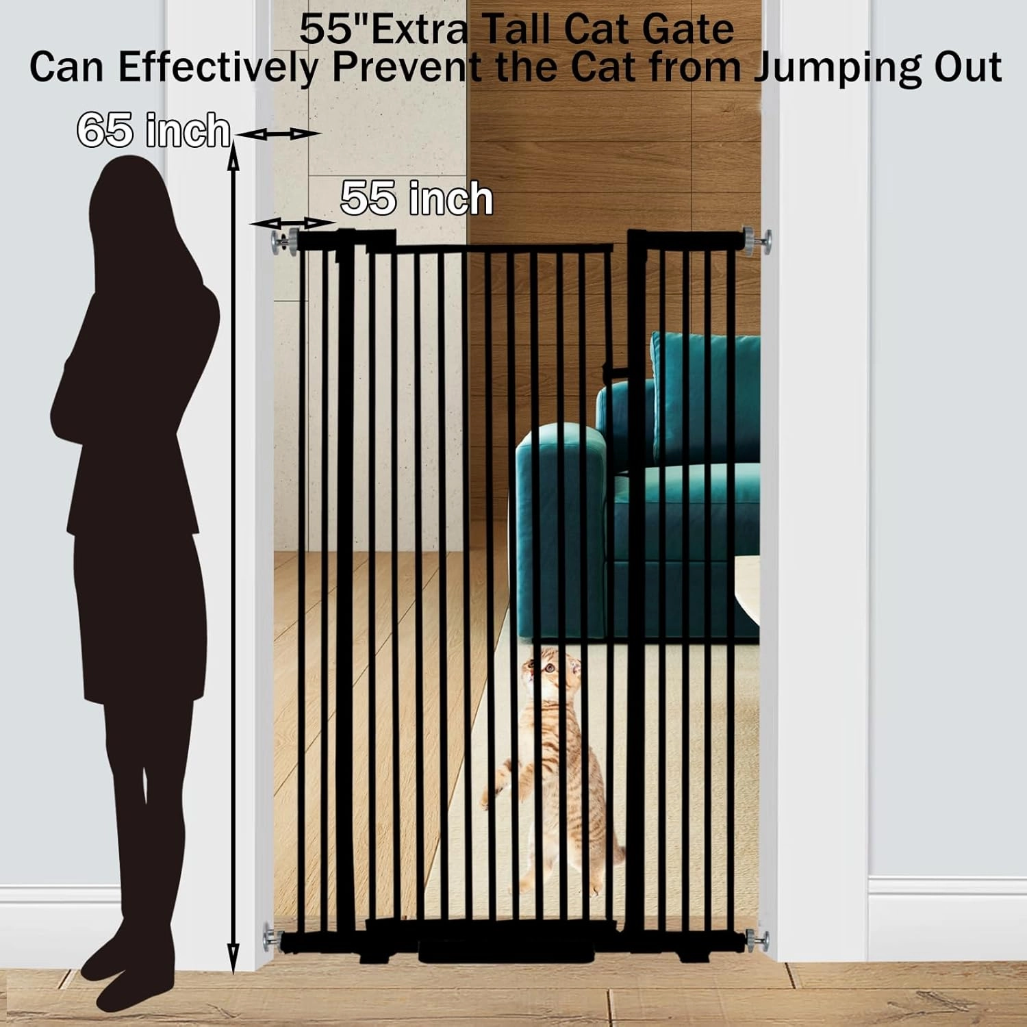 55.1 inch Extra Tall Cat Gates, Adjustable 29.92" and 43" Wide Baby Gate, Pressure Mounted Full Door Tall Pet Gate for Doorway, Stairs,House(Black, 29.92" - 43")