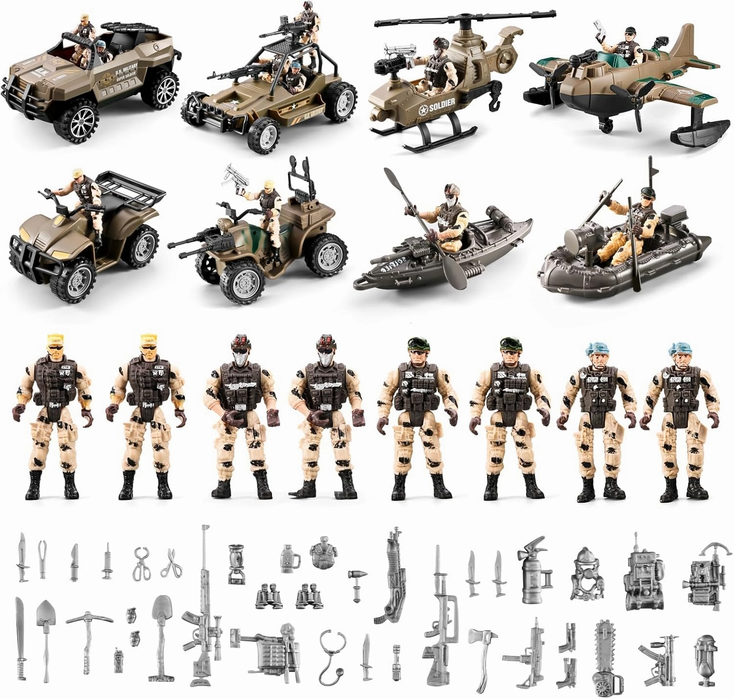 56-in-1 Army Men Toys for Boys 4-7 6-8 8-12, Military Truck/Helicopter/Kayak Boat/Motorcycle/ Army Men Action Figures/Weapon Gears, Army Toys for Boys Kids Birthday Gifts Party Favors