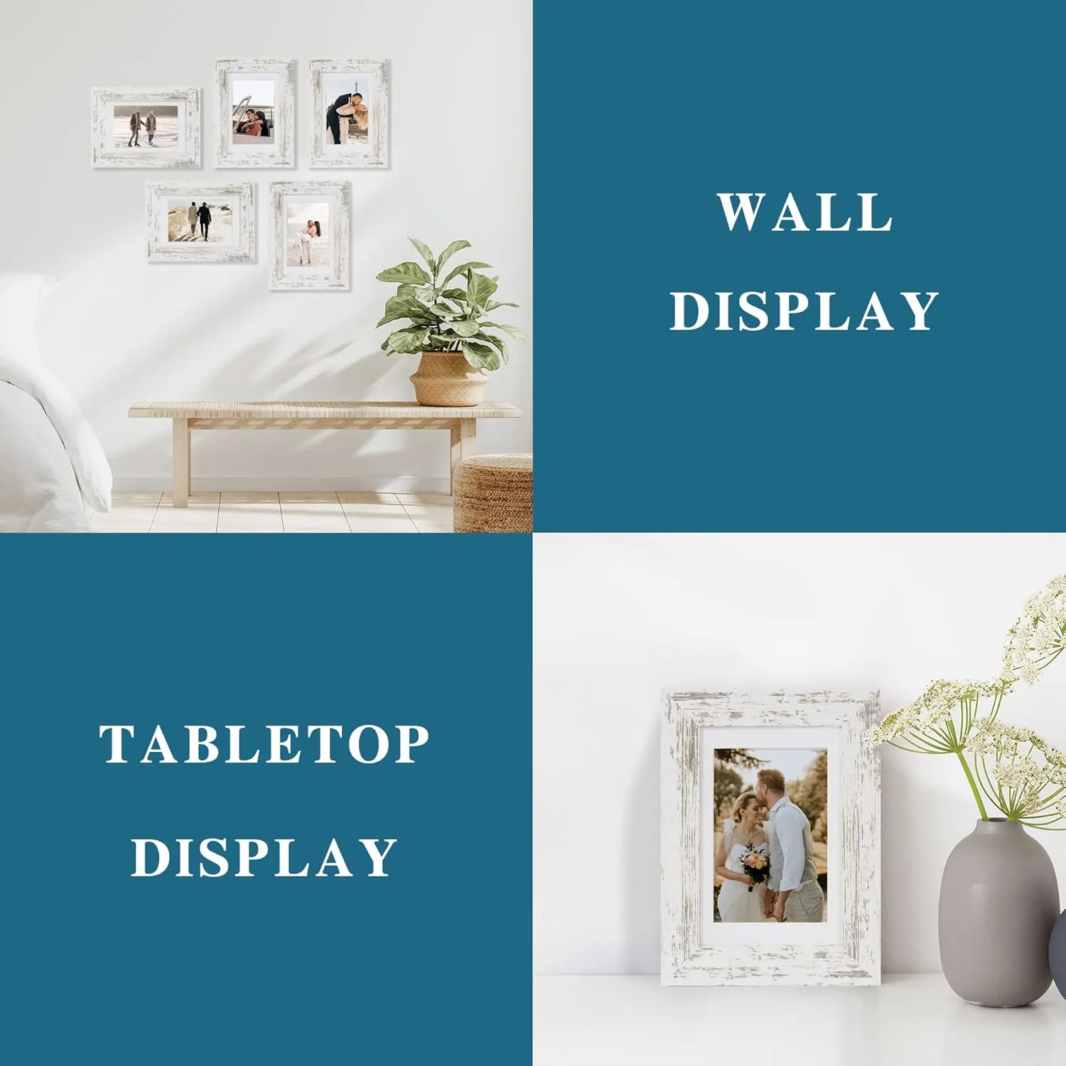 5x7 Picture Frame Set of 4, Made of Real Glass and Distressed White Wooden Frame, 5 by 7 Photo for Wall or Tabletop - Display Picture 4x6 with Mat or 5x7 Without Mat