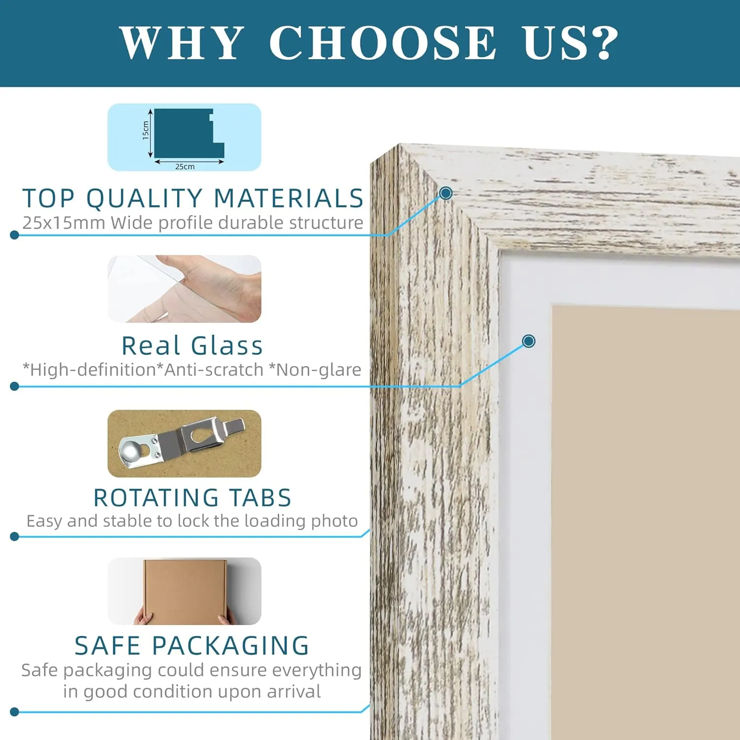 5x7 Picture Frame Set of 4, Made of Real Glass and Distressed White Wooden Frame, 5 by 7 Photo for Wall or Tabletop - Display Picture 4x6 with Mat or 5x7 Without Mat