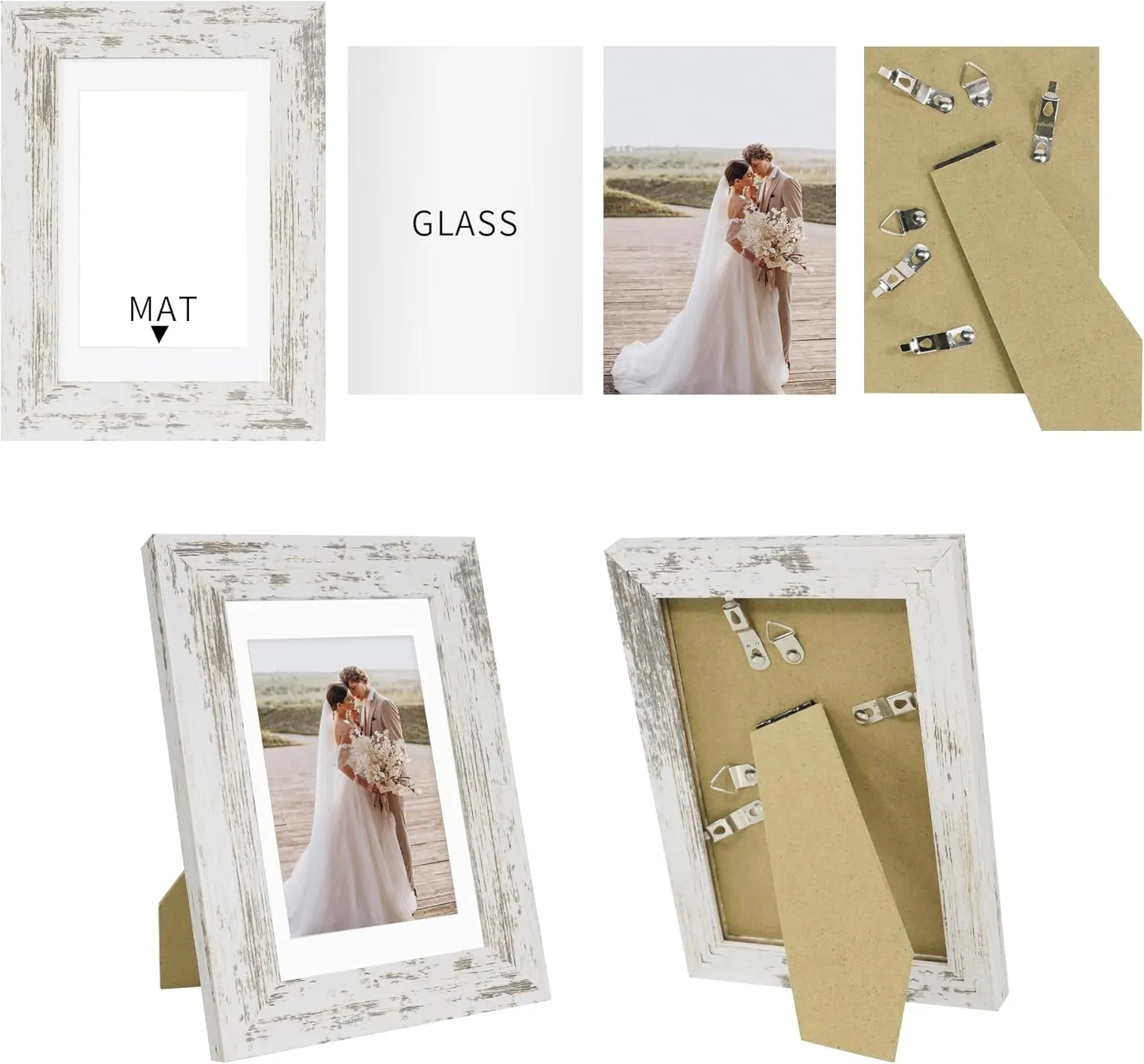 5x7 Picture Frame Set of 4, Made of Real Glass and Distressed White Wooden Frame, 5 by 7 Photo for Wall or Tabletop - Display Picture 4x6 with Mat or 5x7 Without Mat