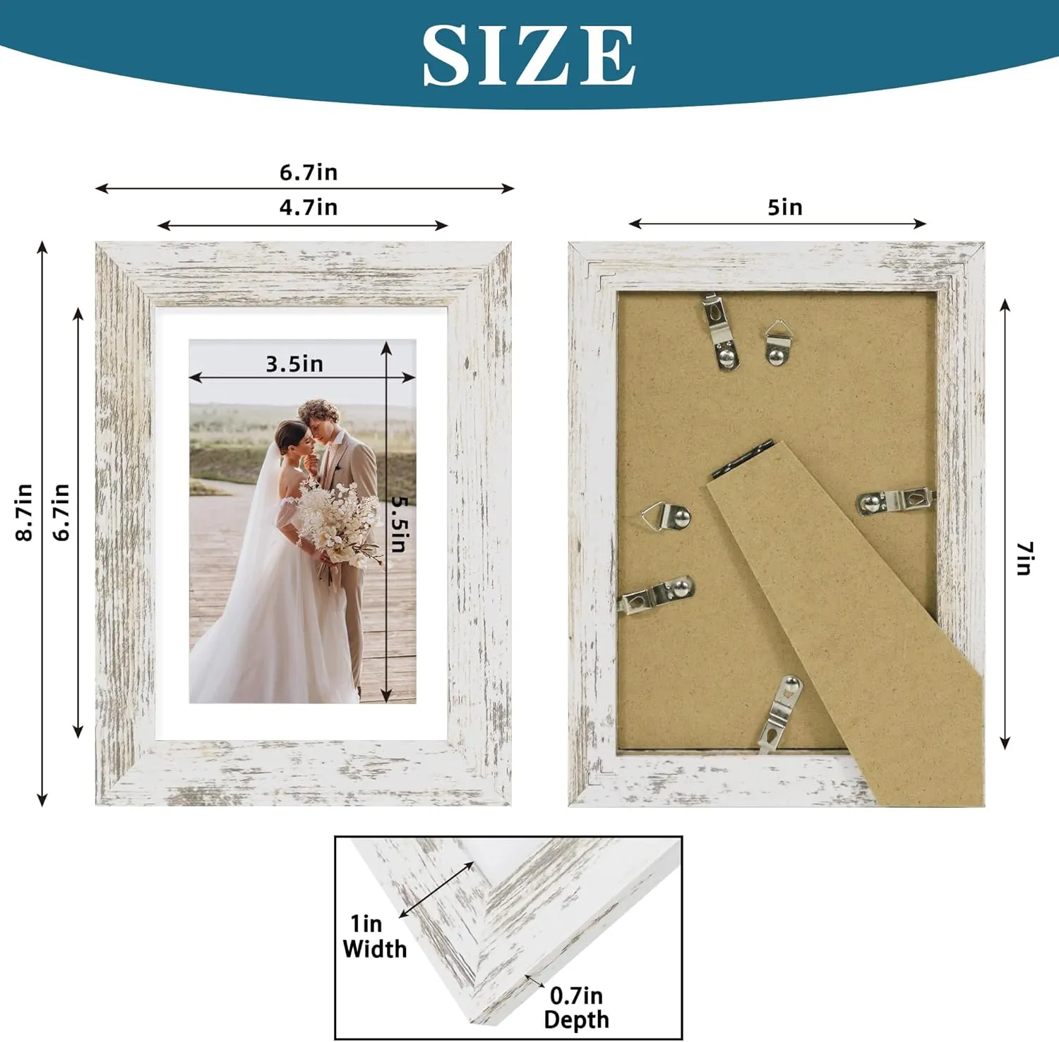 5x7 Picture Frame Set of 4, Made of Real Glass and Distressed White Wooden Frame, 5 by 7 Photo for Wall or Tabletop - Display Picture 4x6 with Mat or 5x7 Without Mat