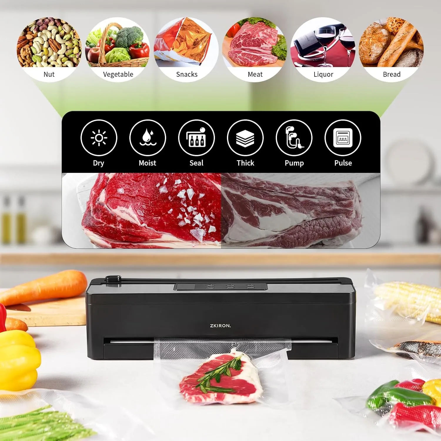6-in-1 Vacuum Sealer Machine with Bag Cutter & External Accessories - Powerful Food Preservation System for Sous Vide, Dry & Moist Foods - Complete Kitchen Appliance for Long-Term Food Storage