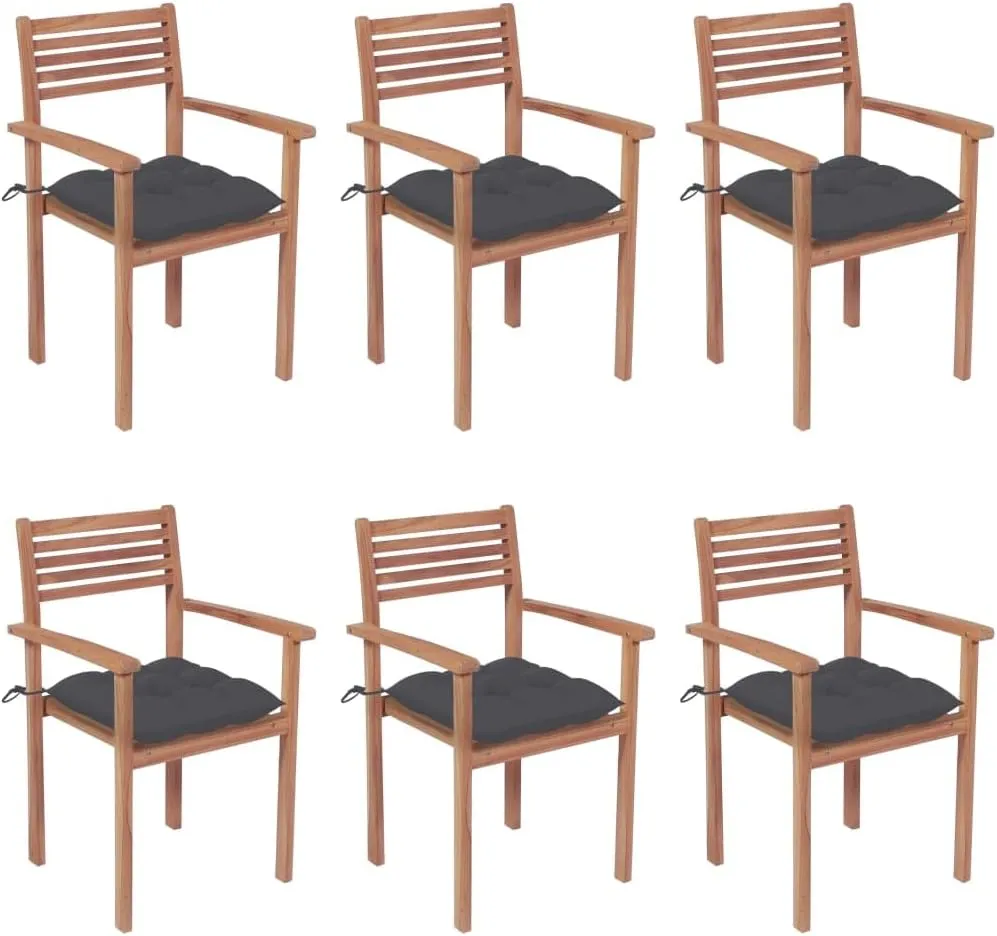6-Piece Stackable Patio Chairs with Anthracite Cushions - Solid Teak Wood Outdoor Furniture for Backyard, Poolside, and Garden