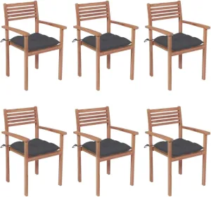 6-Piece Stackable Patio Chairs with Anthracite Cushions - Solid Teak Wood Outdoor Furniture for Backyard, Poolside, and Garden