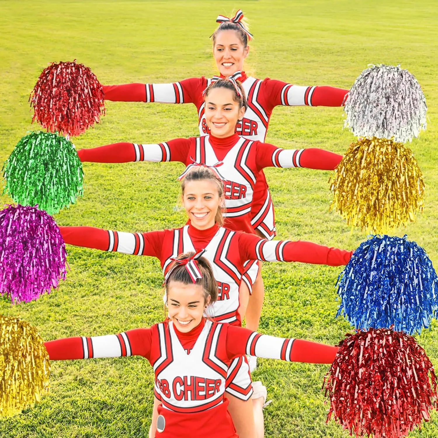 60 Pcs Cheerleading Pom Poms Bulk Cheer Pom Poms Sets Metallic Foil Fun Spirited Cheer Pom Poms with Plastic Handles, Cheerleader Pompoms for Kids Adults Sports Match Cheering Squad