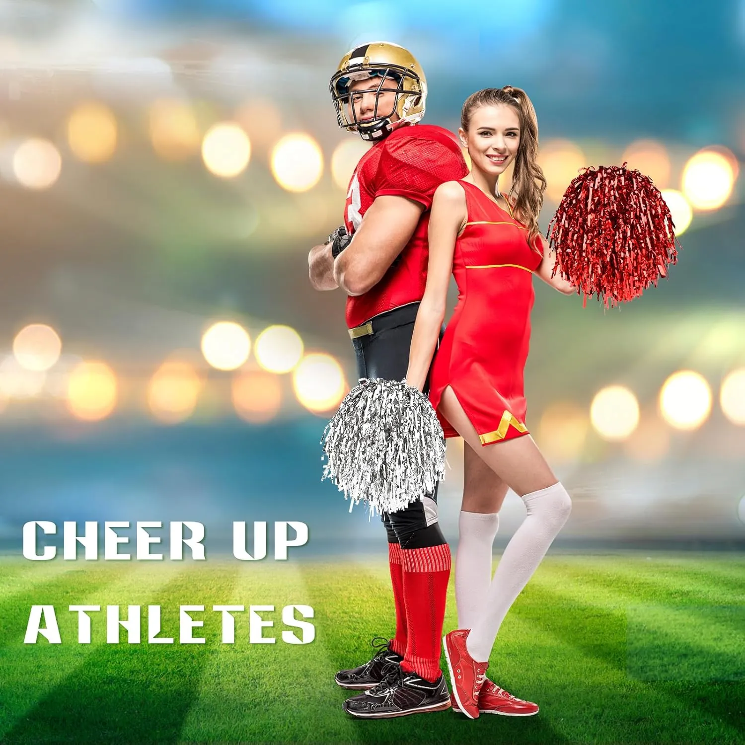 60 Pcs Cheerleading Pom Poms Bulk Cheer Pom Poms Sets Metallic Foil Fun Spirited Cheer Pom Poms with Plastic Handles, Cheerleader Pompoms for Kids Adults Sports Match Cheering Squad
