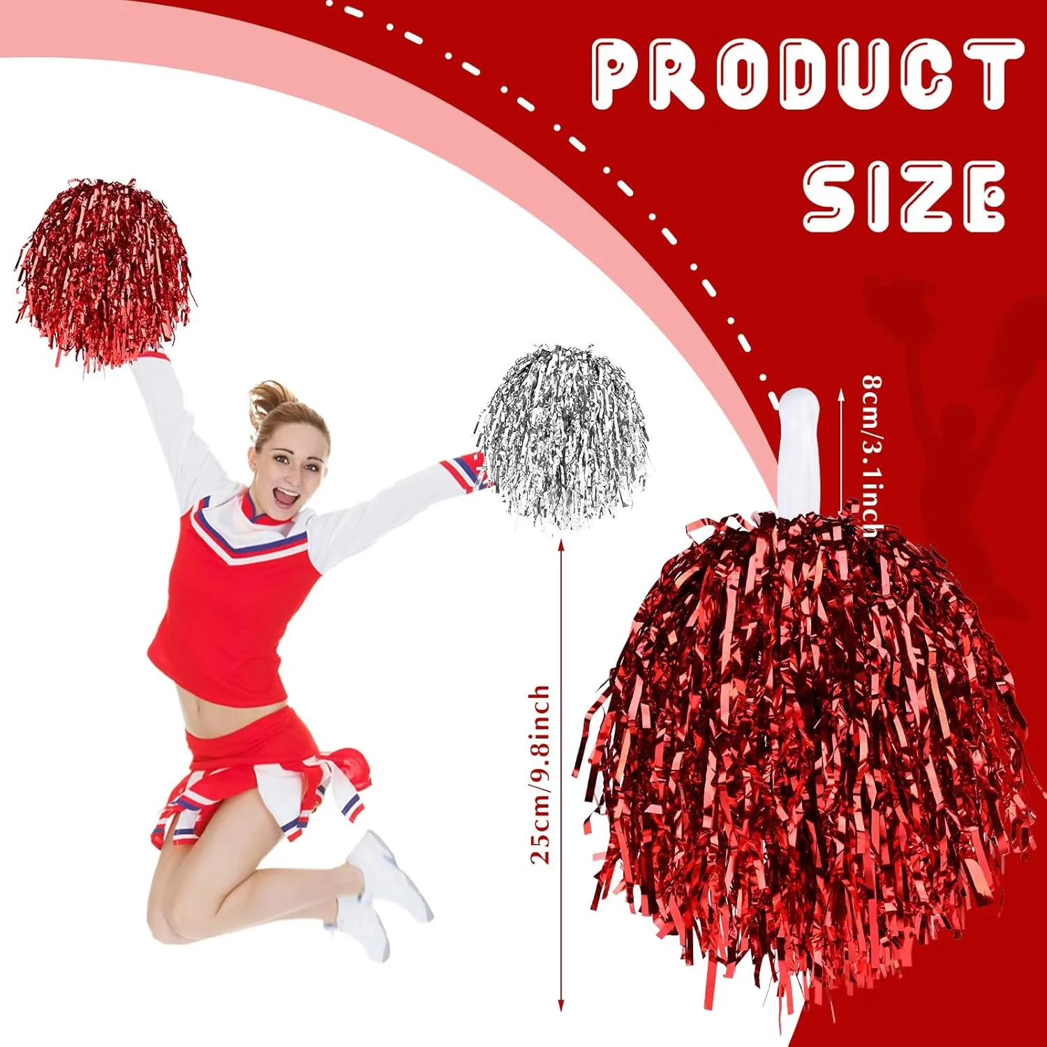 60 Pcs Cheerleading Pom Poms Bulk Cheer Pom Poms Sets Metallic Foil Fun Spirited Cheer Pom Poms with Plastic Handles, Cheerleader Pompoms for Kids Adults Sports Match Cheering Squad