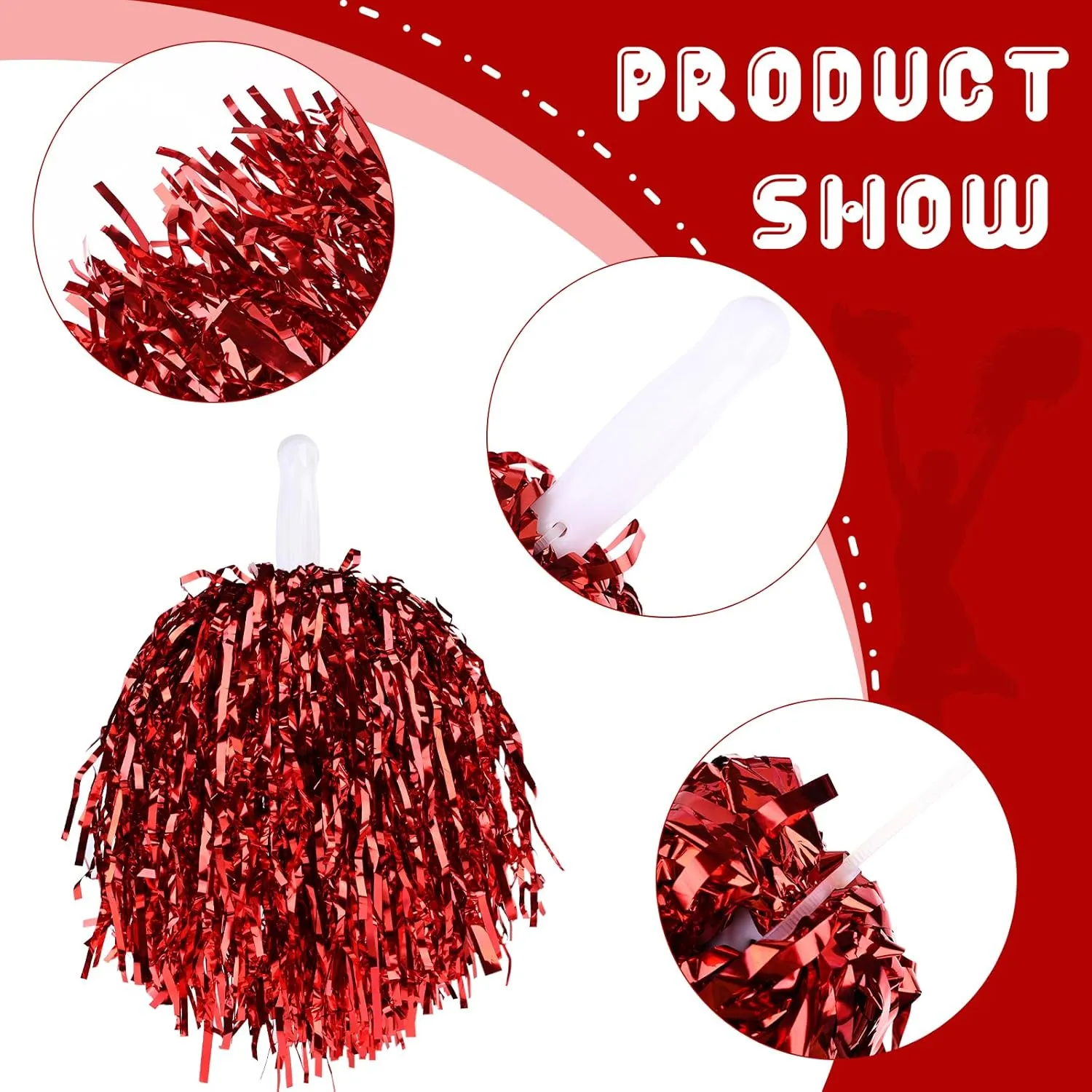 60 Pcs Cheerleading Pom Poms Bulk Cheer Pom Poms Sets Metallic Foil Fun Spirited Cheer Pom Poms with Plastic Handles, Cheerleader Pompoms for Kids Adults Sports Match Cheering Squad