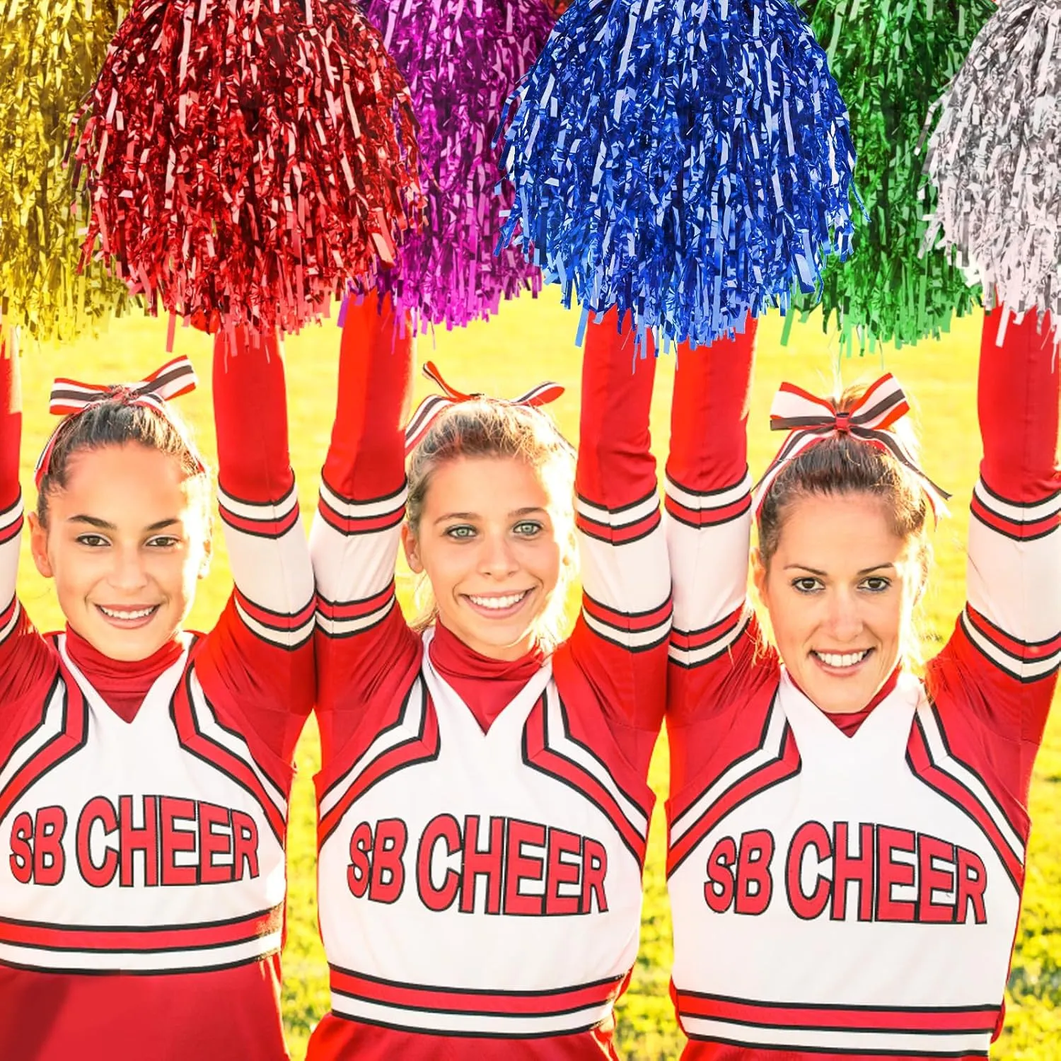 60 Pcs Cheerleading Pom Poms Bulk Cheer Pom Poms Sets Metallic Foil Fun Spirited Cheer Pom Poms with Plastic Handles, Cheerleader Pompoms for Kids Adults Sports Match Cheering Squad