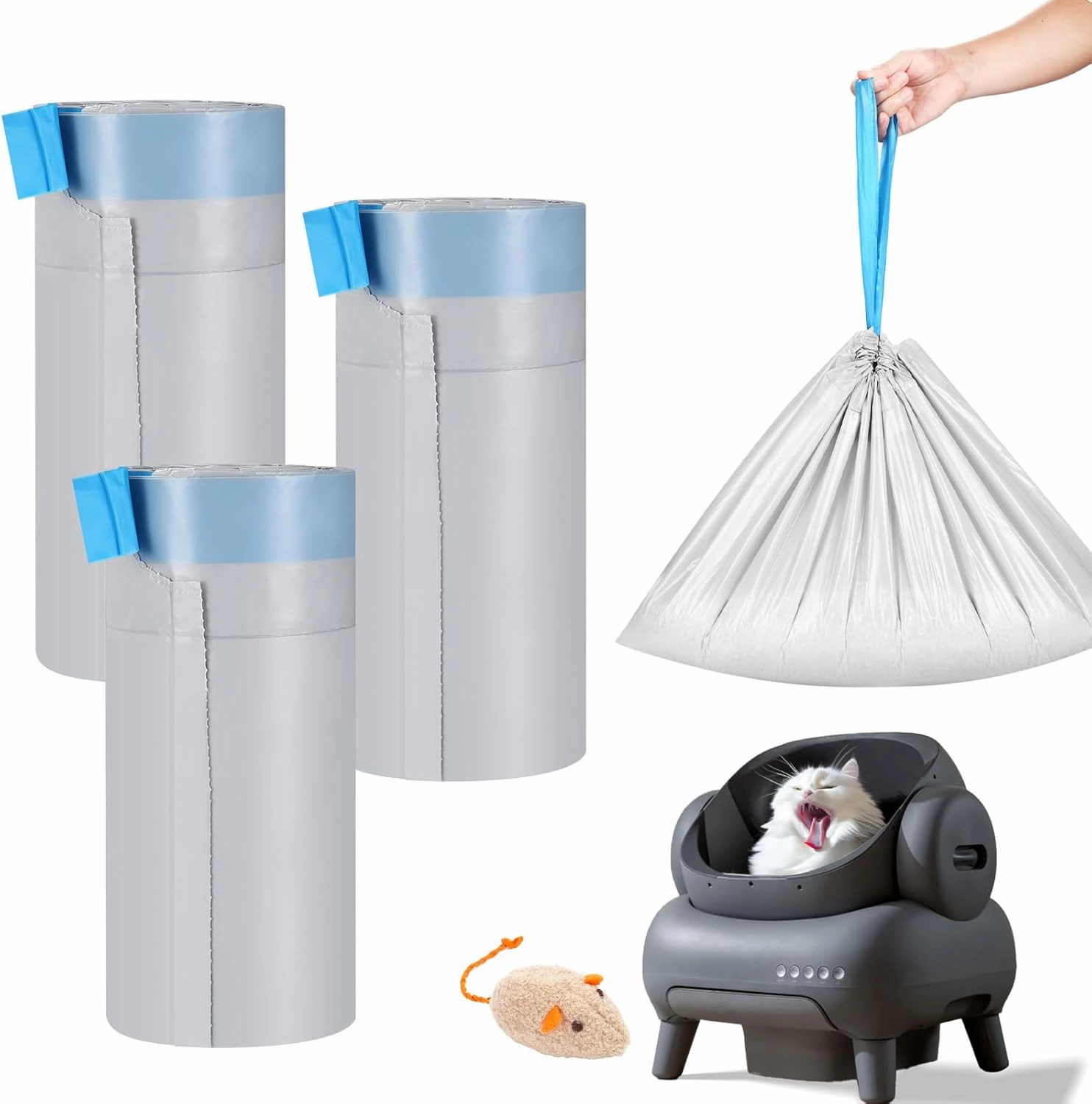 60 Count Cat Litter Replaced Waste Bags Liners for Neakas M1 Petpivot Autoscooper 11 Open-Top Self-Cleaning Cat Litter Box, Disposable Pet Wast Bags with Drawstring Heavy Duty Leak-proof