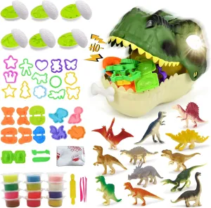 62PCS Dinosaur Dough Play Set for Kids，Lighting & Roaring Dinosaur Toy Box W/Creative Playdough Kit & Realistic Dinosaur Figures,Great Educational Gift for Toddler Boys Girls 3 4 5 