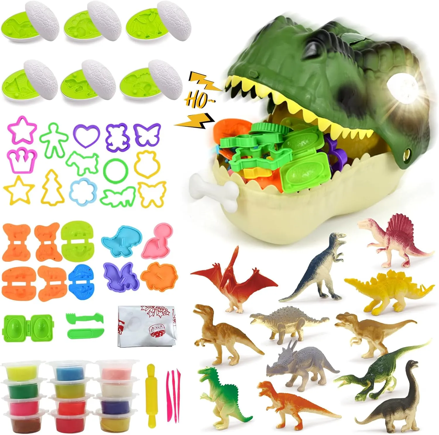 62PCS Dinosaur Dough Play Set for Kids，Lighting & Roaring Dinosaur Toy Box W/Creative Playdough Kit & Realistic Dinosaur Figures,Great Educational Gift for Toddler Boys Girls 3 4 5 