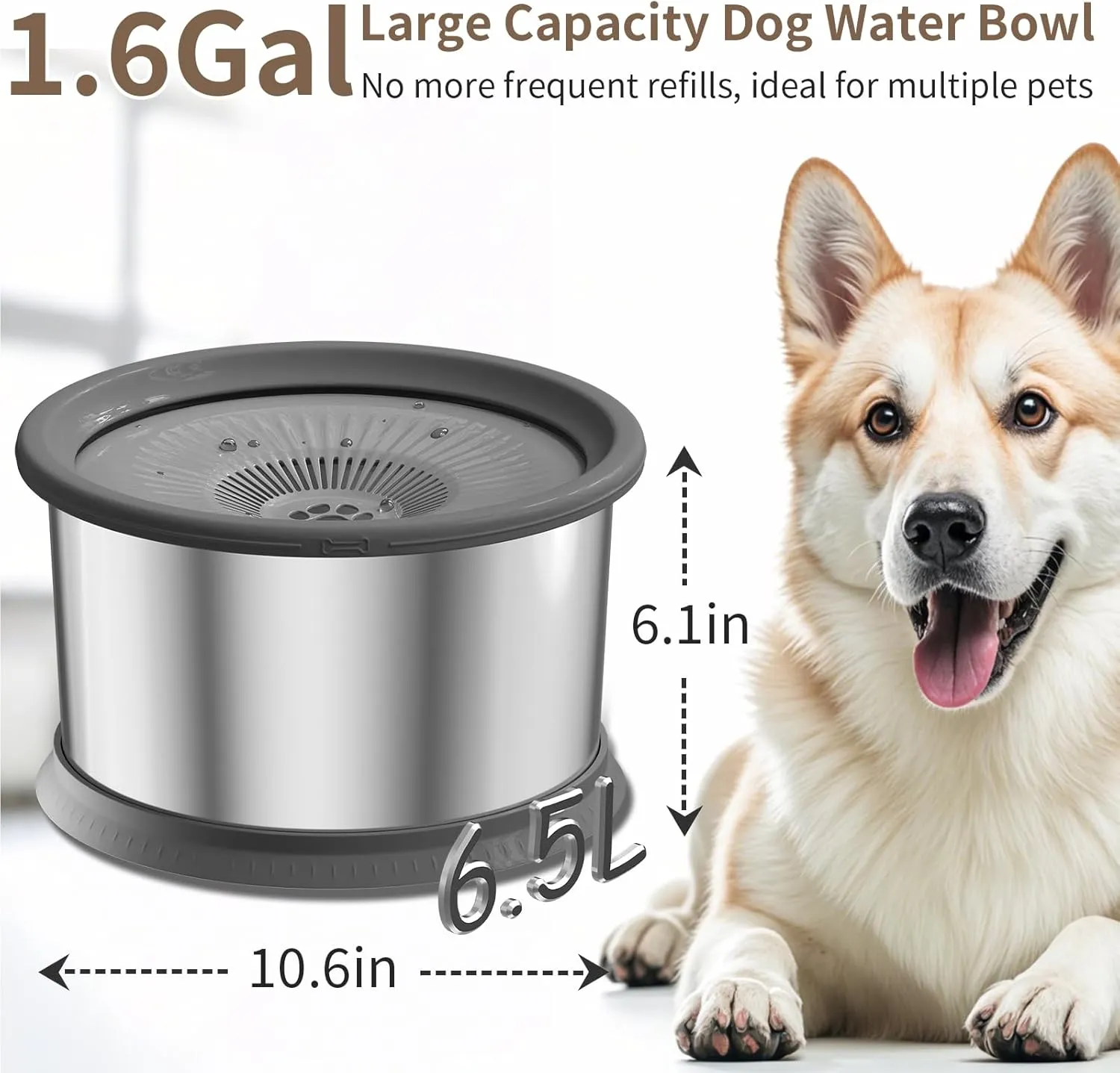 6.5L Dog Water Bowl No Spill 1.6 Gallon Stainless Steel Water Bowl for Dogs 220oz Large Capacity No Splash Slow Drinking Feeder with Anti-Slip Mat for Messy Drinkers
