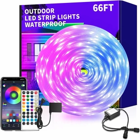 66Ft Outdoor Waterproof LED Strip Lights,Music Sync RGB IP68 Led Lights with App and Remote Control,Color Changing Waterproof RGB Exterior Rope Self Adhesive Back,Balcony,Roof,Garden,Party