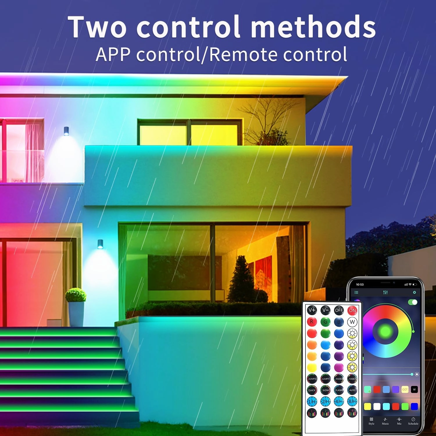 66Ft Outdoor Waterproof LED Strip Lights,Music Sync RGB IP68 Led Lights with App and Remote Control,Color Changing Waterproof RGB Exterior Rope Self Adhesive Back,Balcony,Roof,Garden,Party