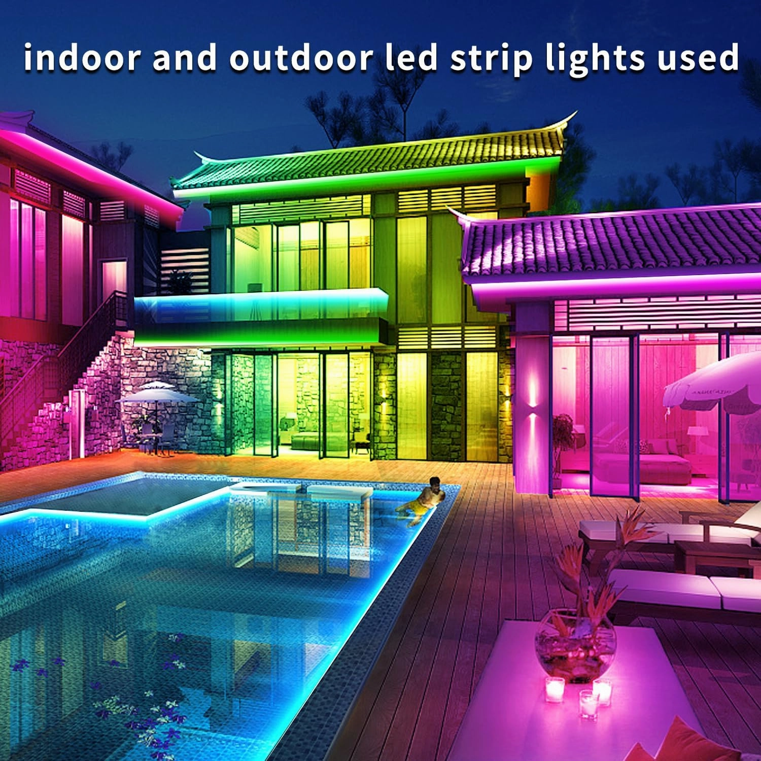 66Ft Outdoor Waterproof LED Strip Lights,Music Sync RGB IP68 Led Lights with App and Remote Control,Color Changing Waterproof RGB Exterior Rope Self Adhesive Back,Balcony,Roof,Garden,Party