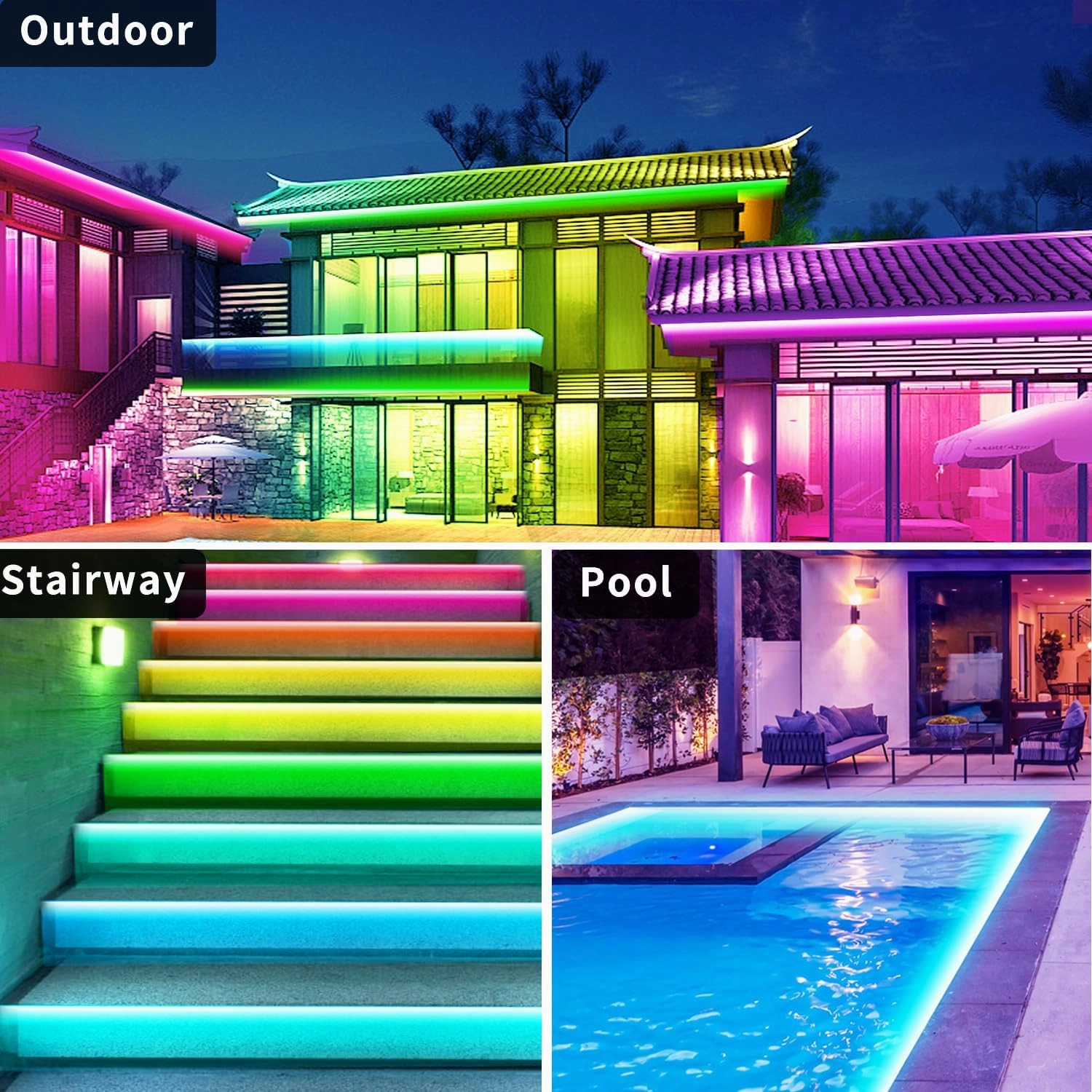 66Ft Outdoor Waterproof LED Strip Lights,Music Sync RGB IP68 Led Lights with App and Remote Control,Color Changing Waterproof RGB Exterior Rope Self Adhesive Back,Balcony,Roof,Garden,Party