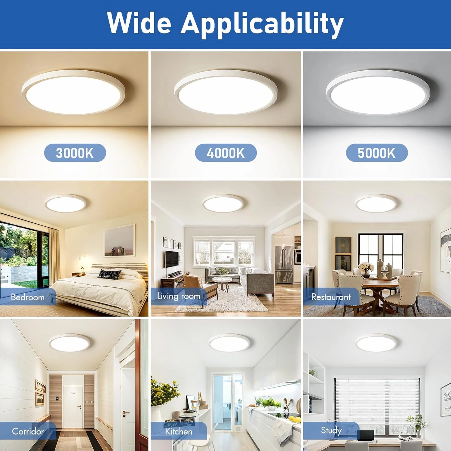 6 Pack Dimmable 12 Inch LED Flush Mount Ceiling Lights Fixture, 24W 3000K/4000K/5000K, 0.67'' Modern Thin Led Ceiling Light for Bedroom, Kitchen, Closets, Garage,Black