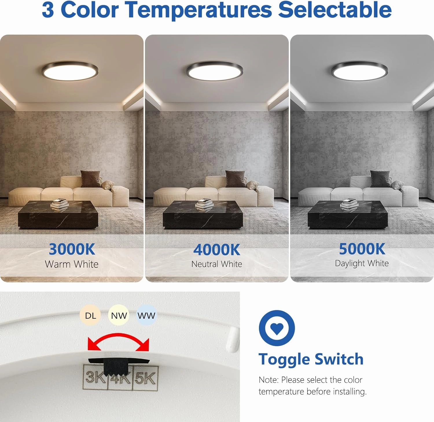 6 Pack Dimmable 12 Inch LED Flush Mount Ceiling Lights Fixture, 24W 3000K/4000K/5000K, 0.67'' Modern Thin Led Ceiling Light for Bedroom, Kitchen, Closets, Garage,Black