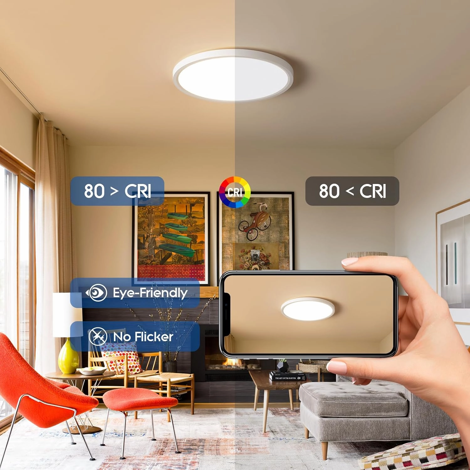 6 Pack Dimmable 12 Inch LED Flush Mount Ceiling Lights Fixture, 24W 3000K/4000K/5000K, 0.67'' Modern Thin Led Ceiling Light for Bedroom, Kitchen, Closets, Garage,Black
