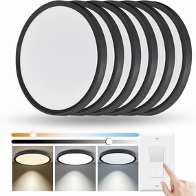 6 Pack Dimmable 12 Inch LED Flush Mount Ceiling Lights Fixture, 24W 3000K/4000K/5000K, 0.67'' Modern Thin Led Ceiling Light for Bedroom, Kitchen, Closets, Garage,Black