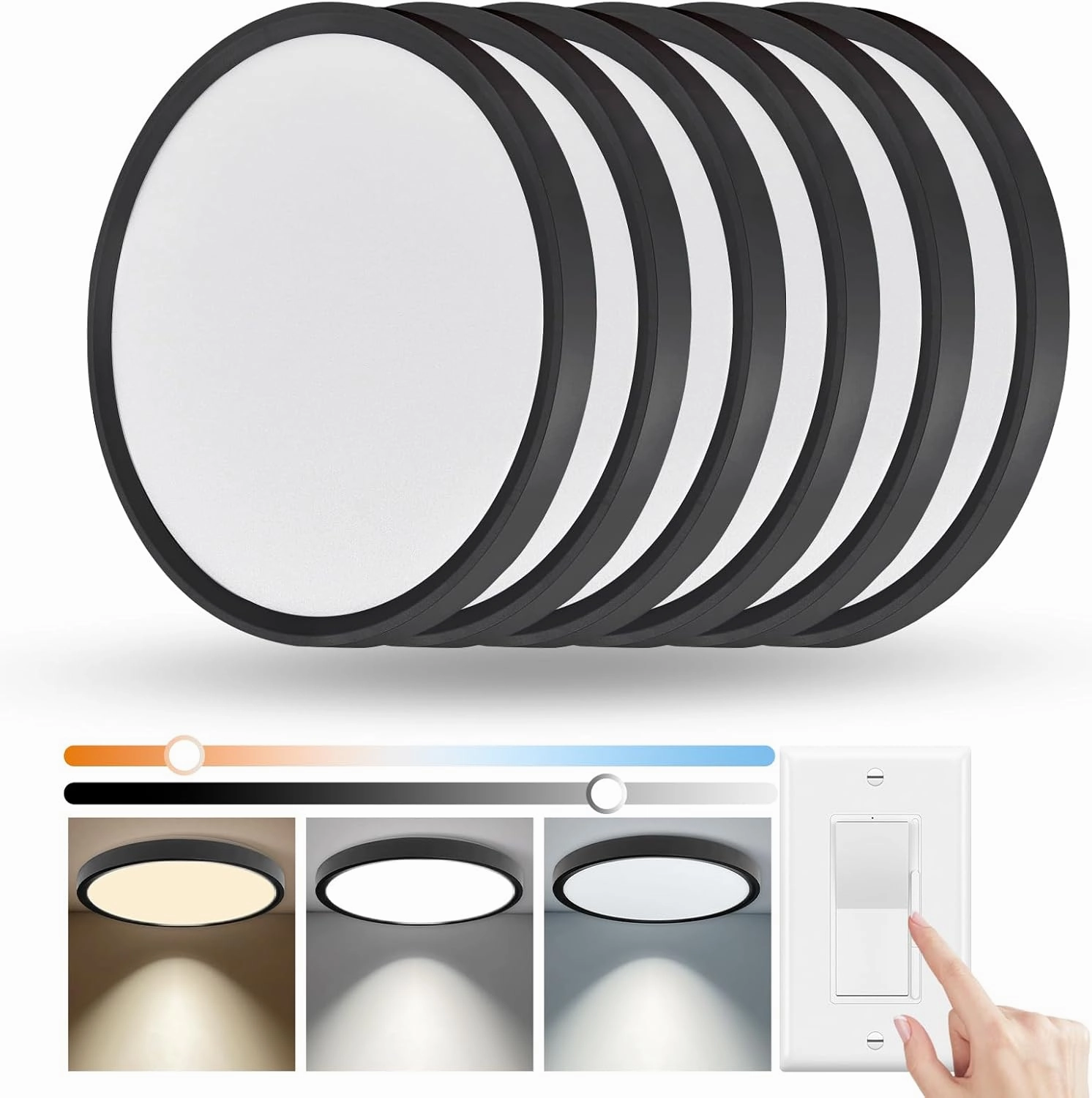 6 Pack Dimmable 12 Inch LED Flush Mount Ceiling Lights Fixture, 24W 3000K/4000K/5000K, 0.67'' Modern Thin Led Ceiling Light for Bedroom, Kitchen, Closets, Garage,Black