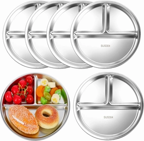 6 Pack Stainless Steel Kids Plates Round Divided Plates 3 Sections Diet Control Dinner Tray Compact Food Serving Tray 9 Inch Unbreakable Platter Metal Dish for Adults Picky Eaters Campers Lunch Snack