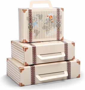 6 Pcs Large Vintage Travel Suitcase Box Travel Party Decorations Paperboard Suitcases Gift Box Decorative Set of 3 Small Stackable Storage Chests Decor for Themed Party Favors (Beige)