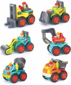 6 Pieces Construction Vehicles Toy Trucks Set - Bulldozer, Cement Mixer, Dumper, Forklift, Excavator and Road Roller for Your Little Contractor - Push and Go Sliding Toys for Toddlers 18m 