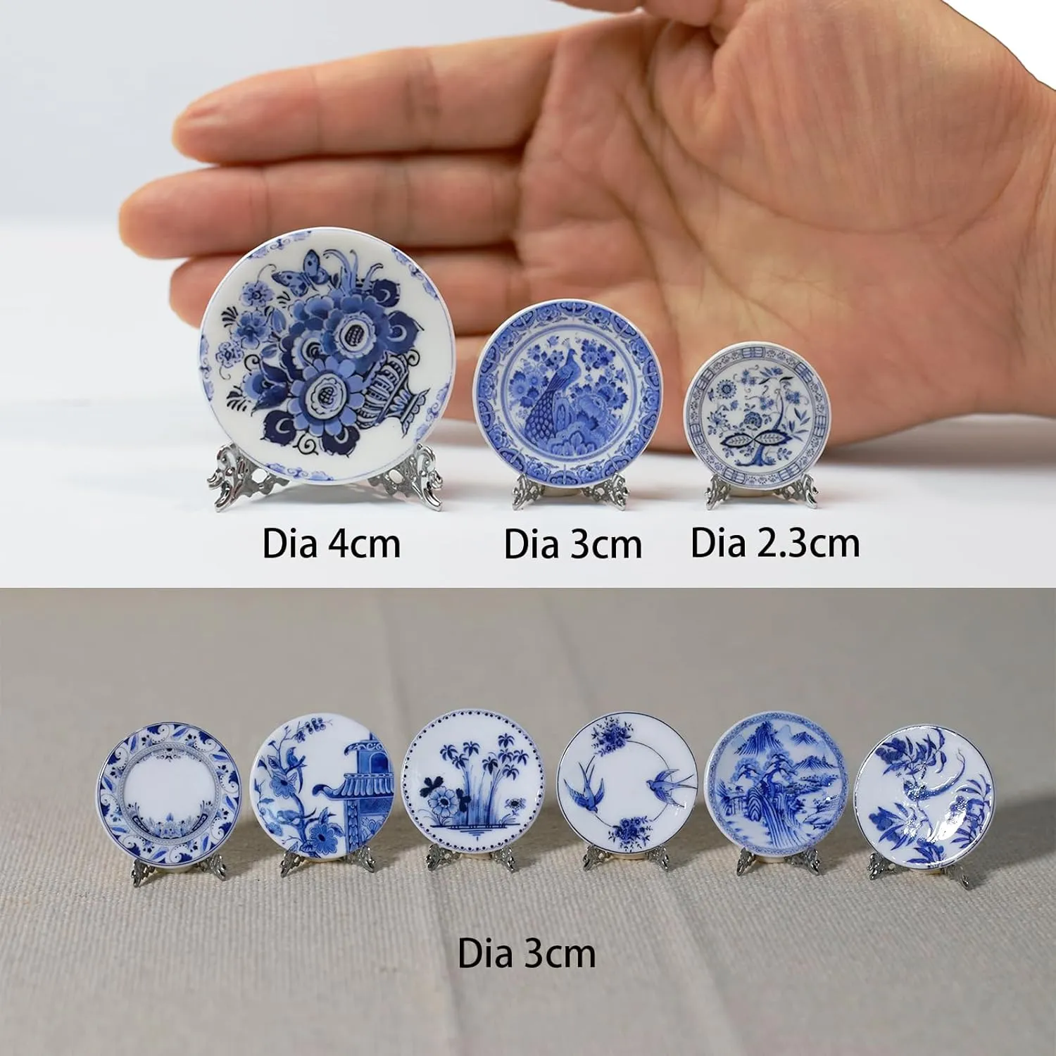 6PCS Handcrafted Miniature Ceramic Plates in 1:12 or 1:6 Scale, Vintage Porcelain playhouse dishes (3CM, Blue-White C)