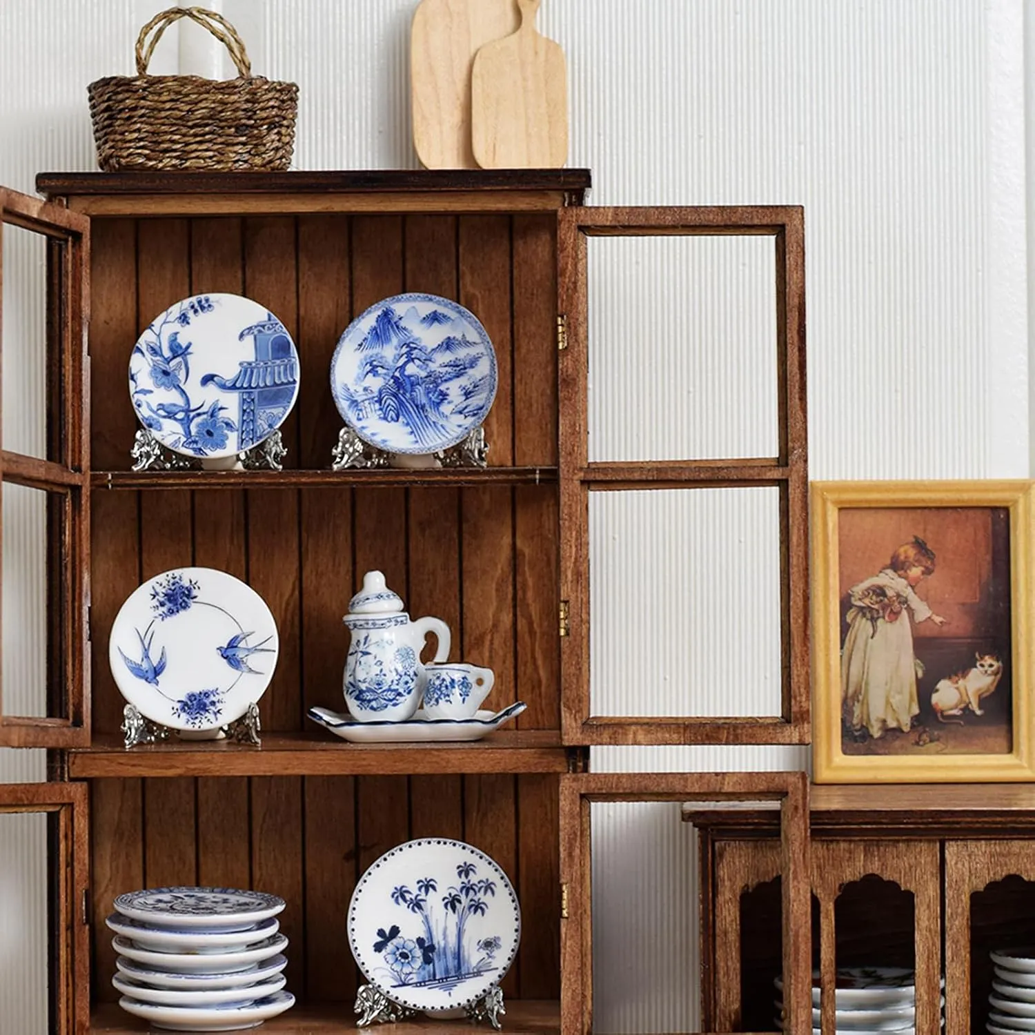 6PCS Handcrafted Miniature Ceramic Plates in 1:12 or 1:6 Scale, Vintage Porcelain playhouse dishes (3CM, Blue-White C)