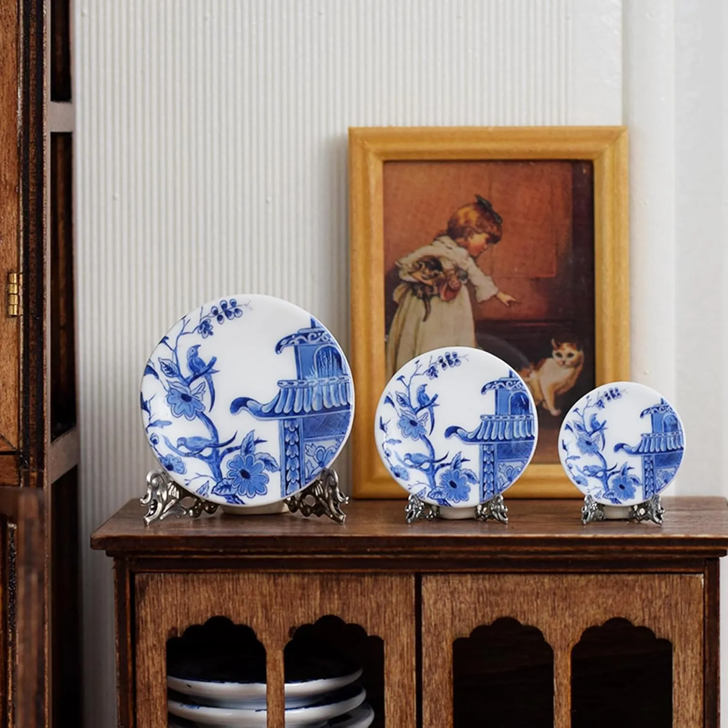 6PCS Handcrafted Miniature Ceramic Plates in 1:12 or 1:6 Scale, Vintage Porcelain playhouse dishes (3CM, Blue-White C)