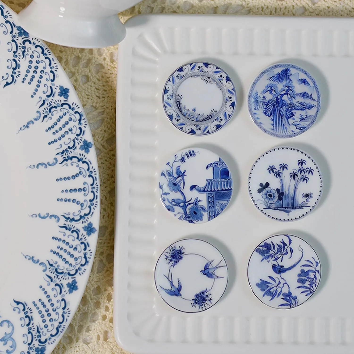 6PCS Handcrafted Miniature Ceramic Plates in 1:12 or 1:6 Scale, Vintage Porcelain playhouse dishes (3CM, Blue-White C)