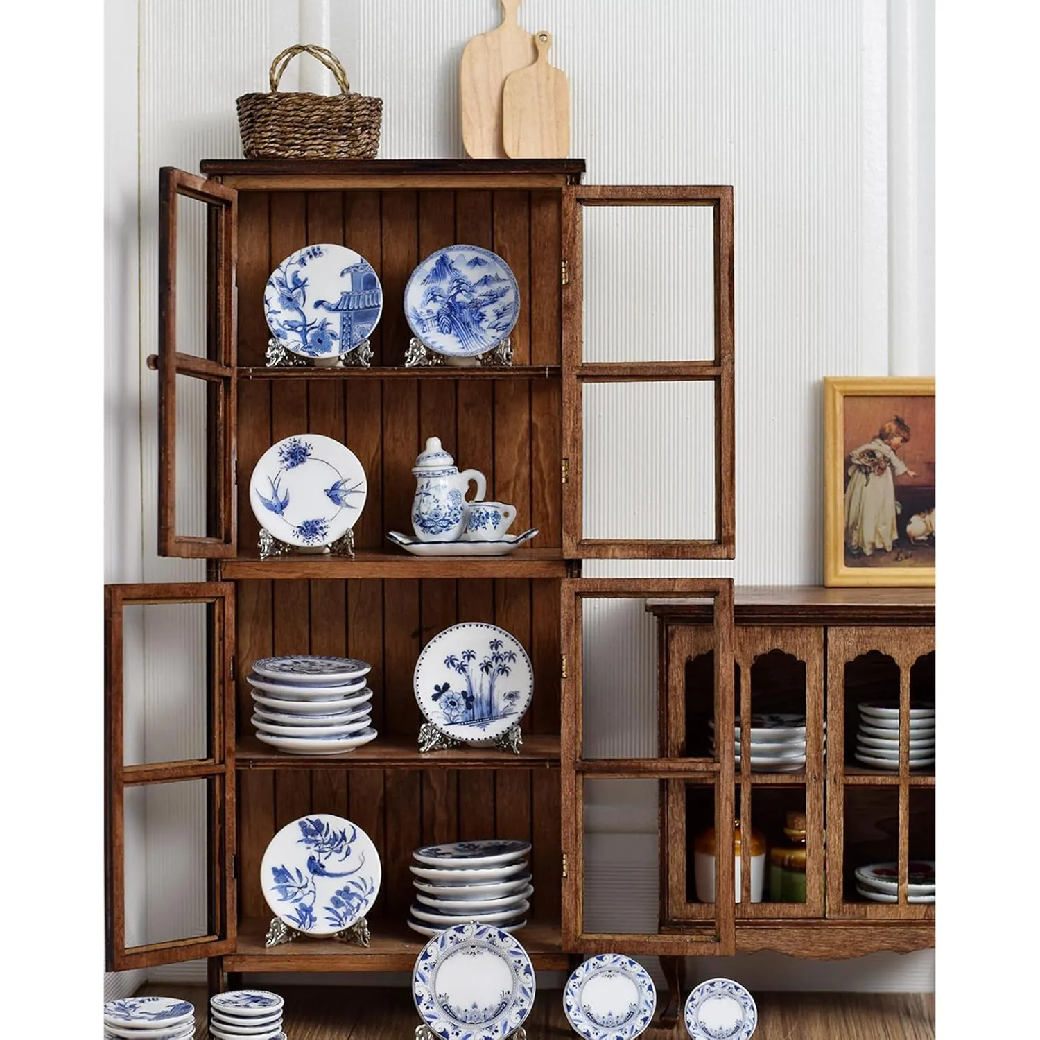 6PCS Handcrafted Miniature Ceramic Plates in 1:12 or 1:6 Scale, Vintage Porcelain playhouse dishes (3CM, Blue-White C)