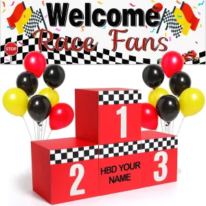 70 Pcs Racing Car Party Decoration, Large Racing Checkered Boxes with Balloons Sticker Banner for Race Car Birthday Party Favors Supplies Truck Theme Race Car Podium Centerpiece Decoration