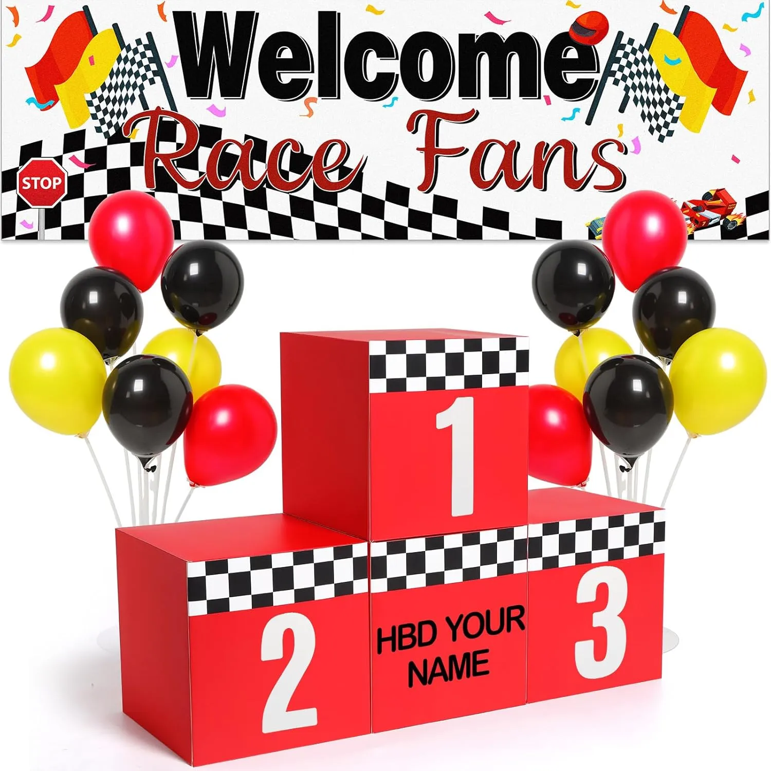 70 Pcs Racing Car Party Decoration, Large Racing Checkered Boxes with Balloons Sticker Banner for Race Car Birthday Party Favors Supplies Truck Theme Race Car Podium Centerpiece Decoration