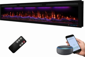 72" WiFi-Enabled Electric Fireplace, Smart Control via Alexa or App, Recessed & Wall Mounted Fireplace Heater with Thermostat, Slim Frame, Multi-Color Combinations, Black