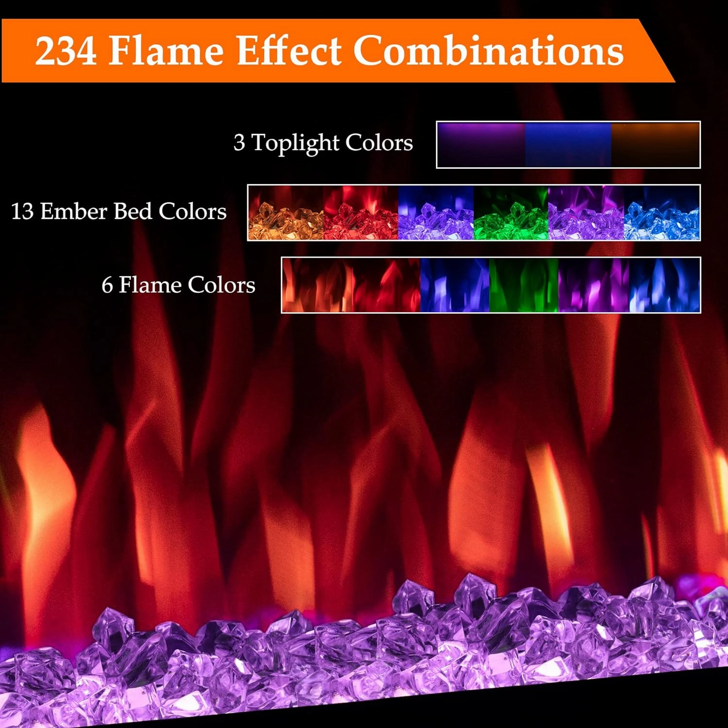 72" WiFi-Enabled Electric Fireplace, Smart Control via Alexa or App, Recessed & Wall Mounted Fireplace Heater with Thermostat, Slim Frame, Multi-Color Combinations, Black
