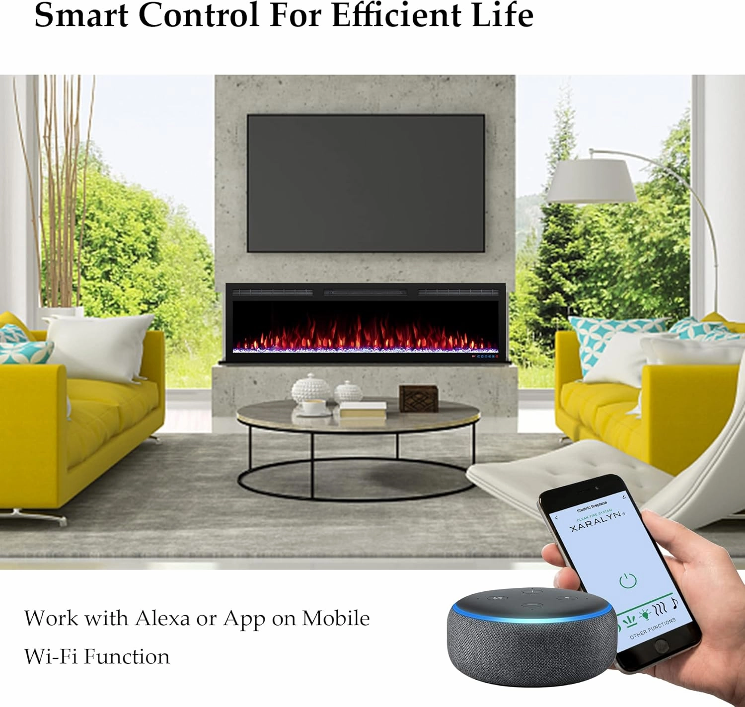 72" WiFi-Enabled Electric Fireplace, Smart Control via Alexa or App, Recessed & Wall Mounted Fireplace Heater with Thermostat, Slim Frame, Multi-Color Combinations, Black