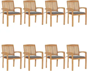 8-Piece Stackable Patio Chairs Set with Cushions, Solid Teak Wood Outdoor Dining Chairs for Garden Pool Beach, Gray Cushions, Water-Resistant Finish, Easy to Clean and Store