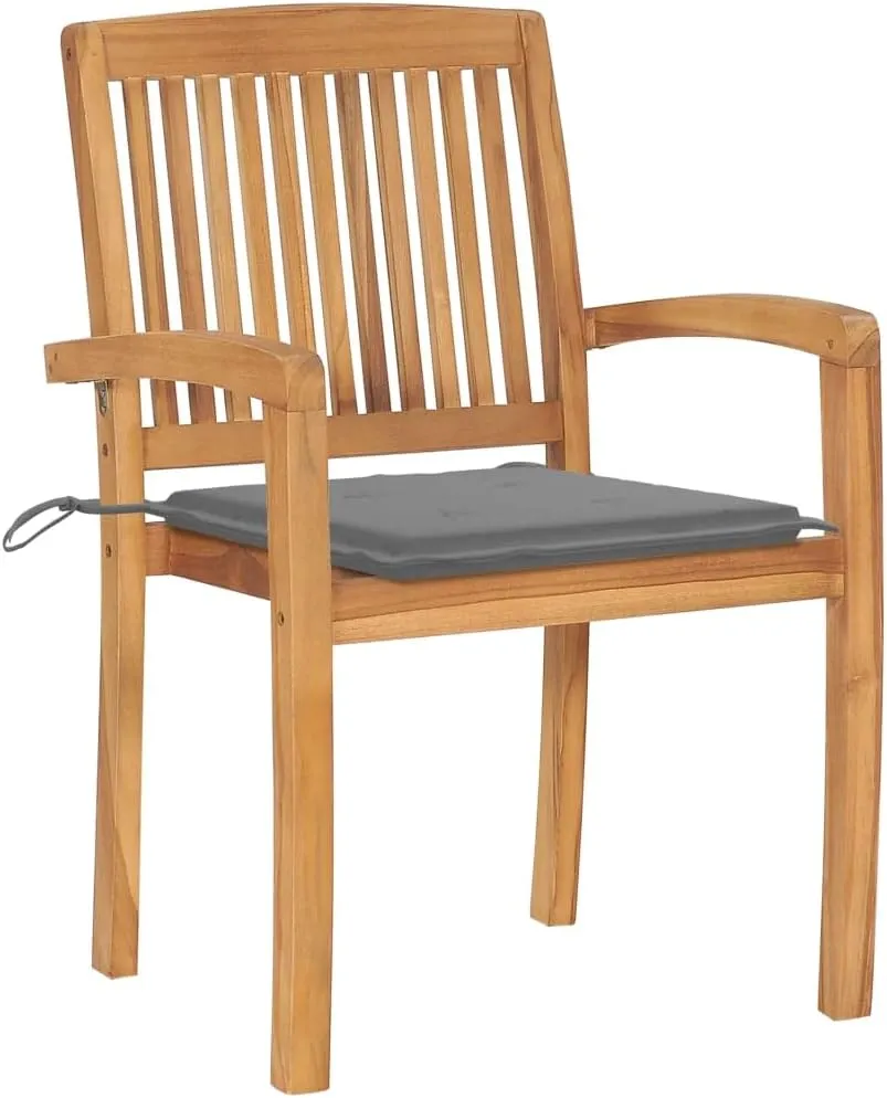 8-Piece Stackable Patio Chairs Set with Cushions, Solid Teak Wood Outdoor Dining Chairs for Garden Pool Beach, Gray Cushions, Water-Resistant Finish, Easy to Clean and Store