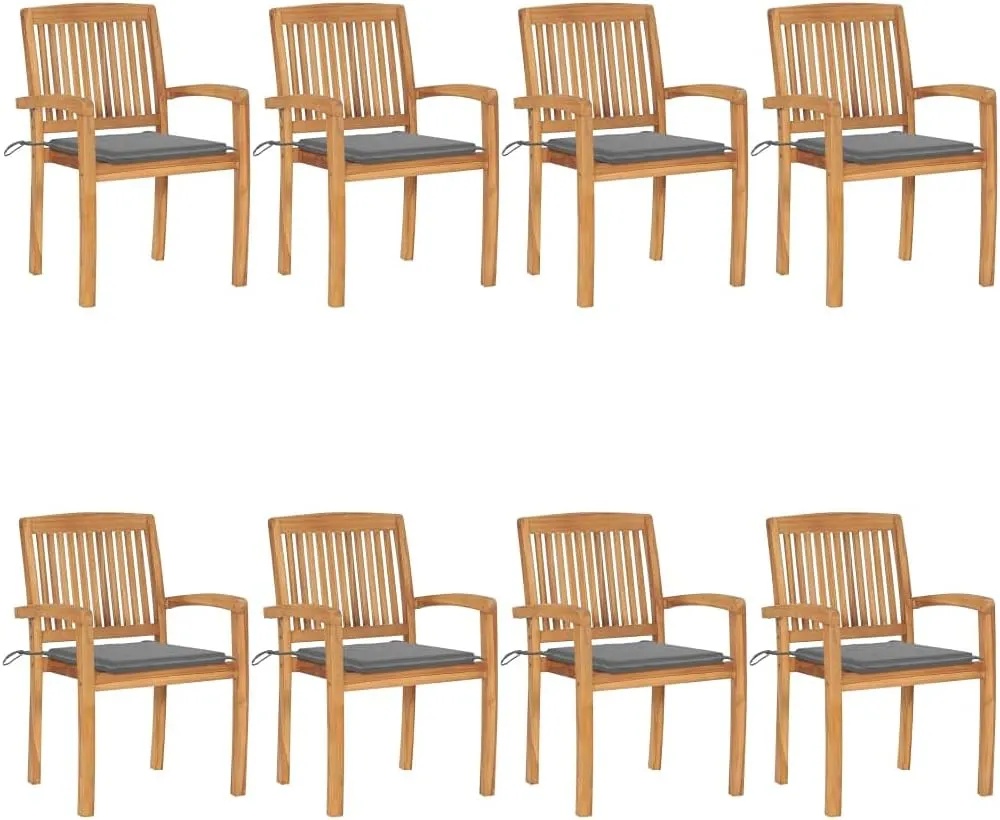 8-Piece Stackable Patio Chairs Set with Cushions, Solid Teak Wood Outdoor Dining Chairs for Garden Pool Beach, Gray Cushions, Water-Resistant Finish, Easy to Clean and Store