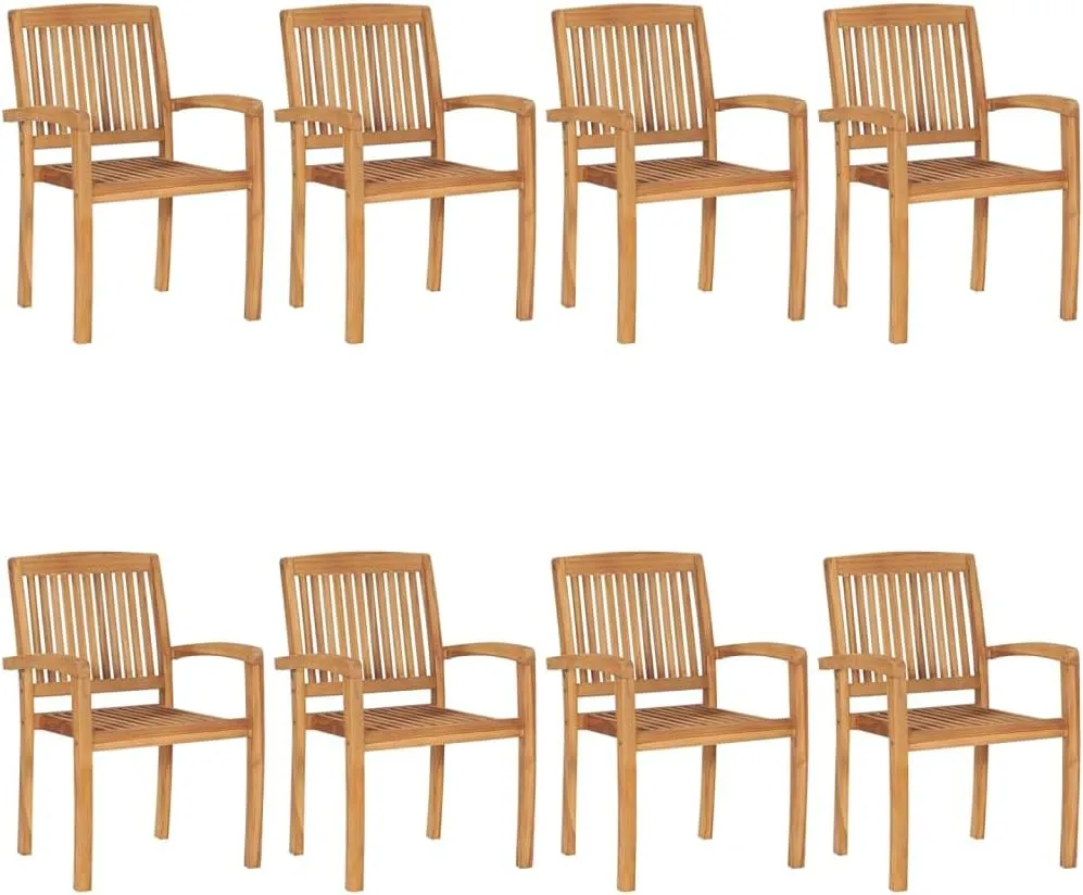 8-Piece Stackable Patio Chairs Set with Cushions, Solid Teak Wood Outdoor Dining Chairs for Garden Pool Beach, Gray Cushions, Water-Resistant Finish, Easy to Clean and Store
