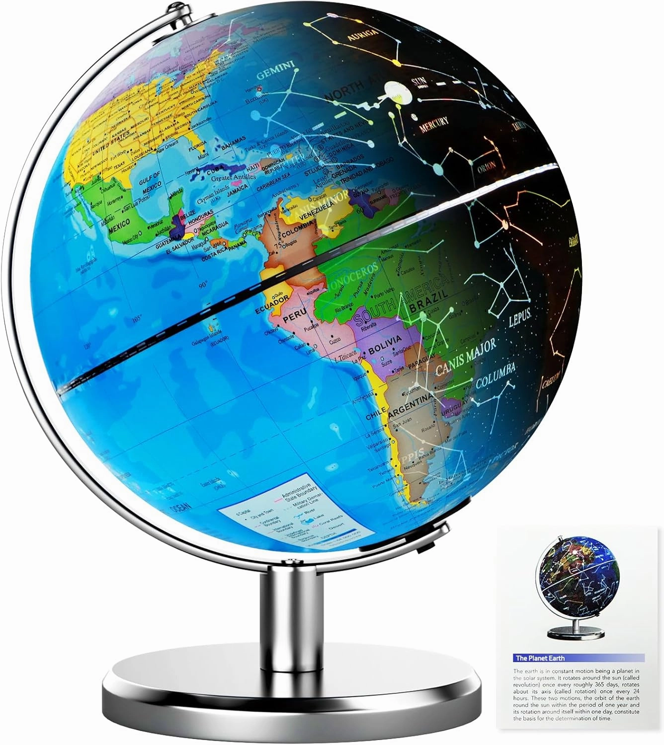 8'' Illuminated World Globe with Constellation Night Light, Easy to Read HD Text Educational Spinning Earth Globe for Children with Heavy Stand, Student Kids Geography Gift