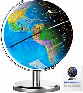 8'' Illuminated World Globe with Constellation Night Light, Easy to Read HD Text Educational Spinning Earth Globe for Children with Heavy Stand, Student Kids Geography Gift