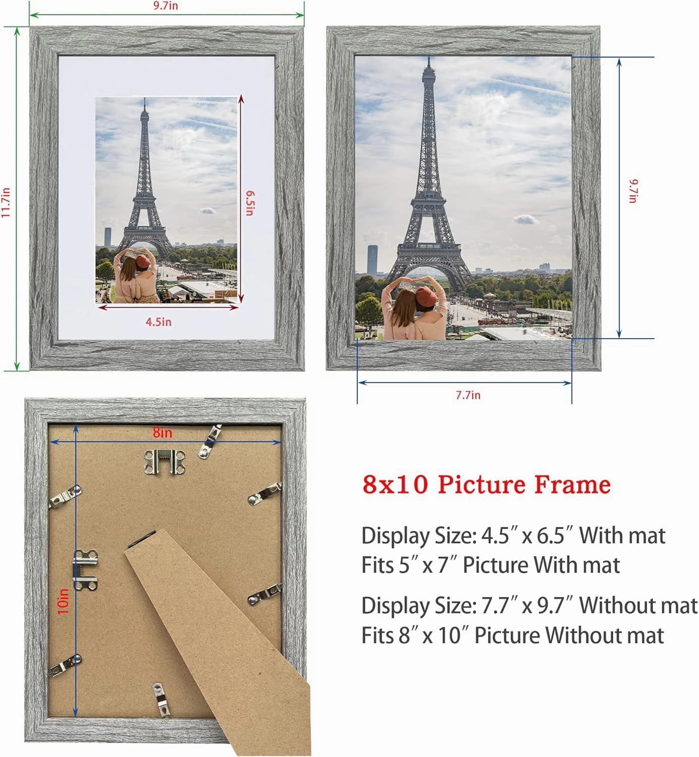 8x10 Picture Frame Set of 2, Grey Photo Frame of Rustic Style, Multi 8 by 10 Photo Frame for Wall or Tabletop Display - 5x7 Frame with Mat or 8x10 Without Mat