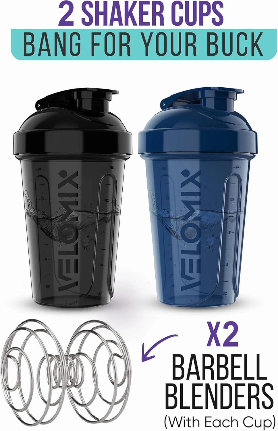 -2 Pack- 20 oz Protein Shaker Bottles for Protein Mixes - 2x Wire Whisk | Leak Proof Shaker Cups for Protein Shakes and Pre Workout | Protein Shaker Bottle Pack | Protein Mixer Cup (Blue&Black)
