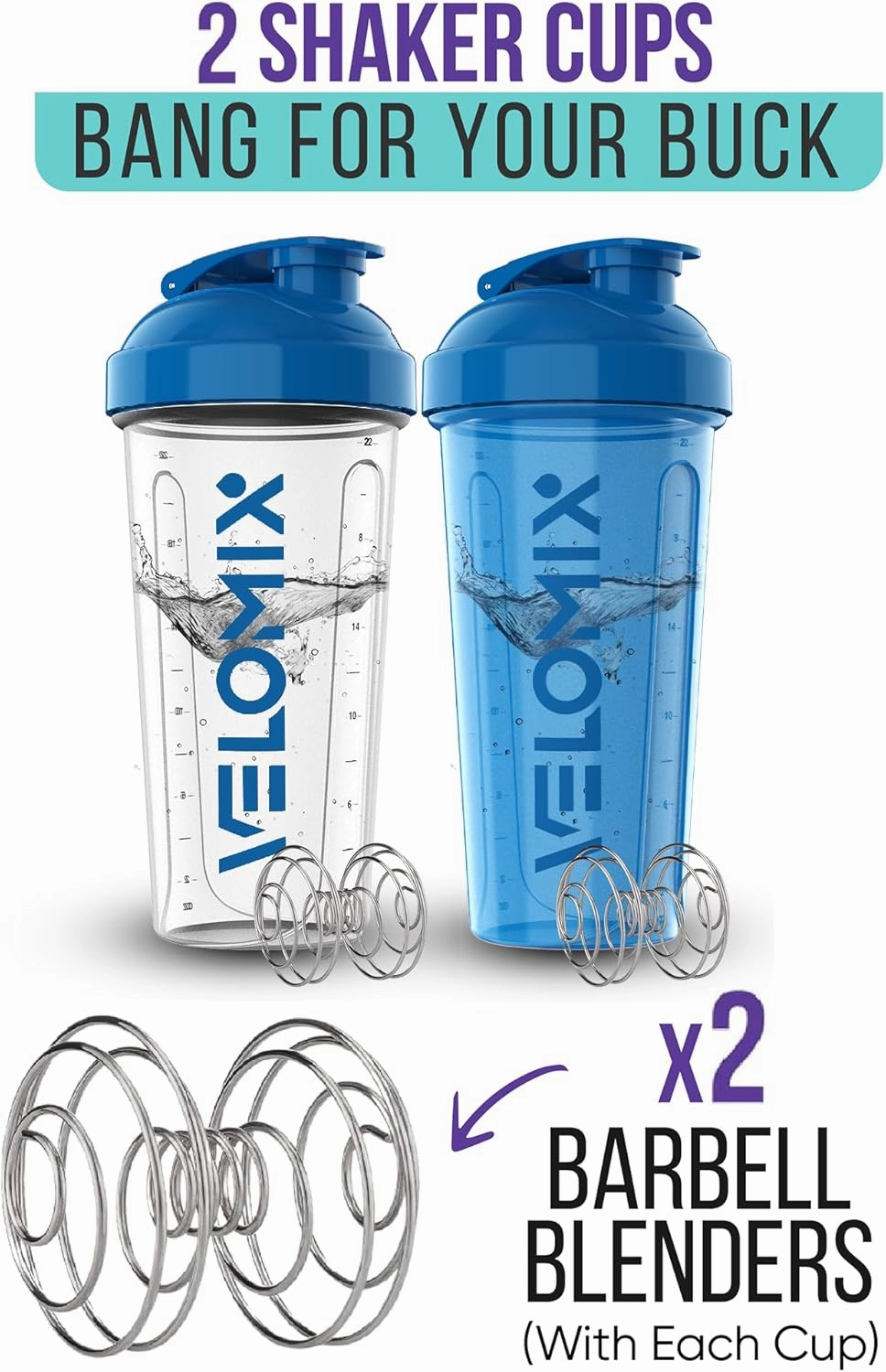 -2 Pack- 28 oz Protein Shaker Bottles for Protein Mixes - 2x Wire Whisk | Leak Proof Shaker Cups for Protein Shakes | Protein Shaker Bottle Pack | Shakers for Protein Shakes-Blue&Transparent