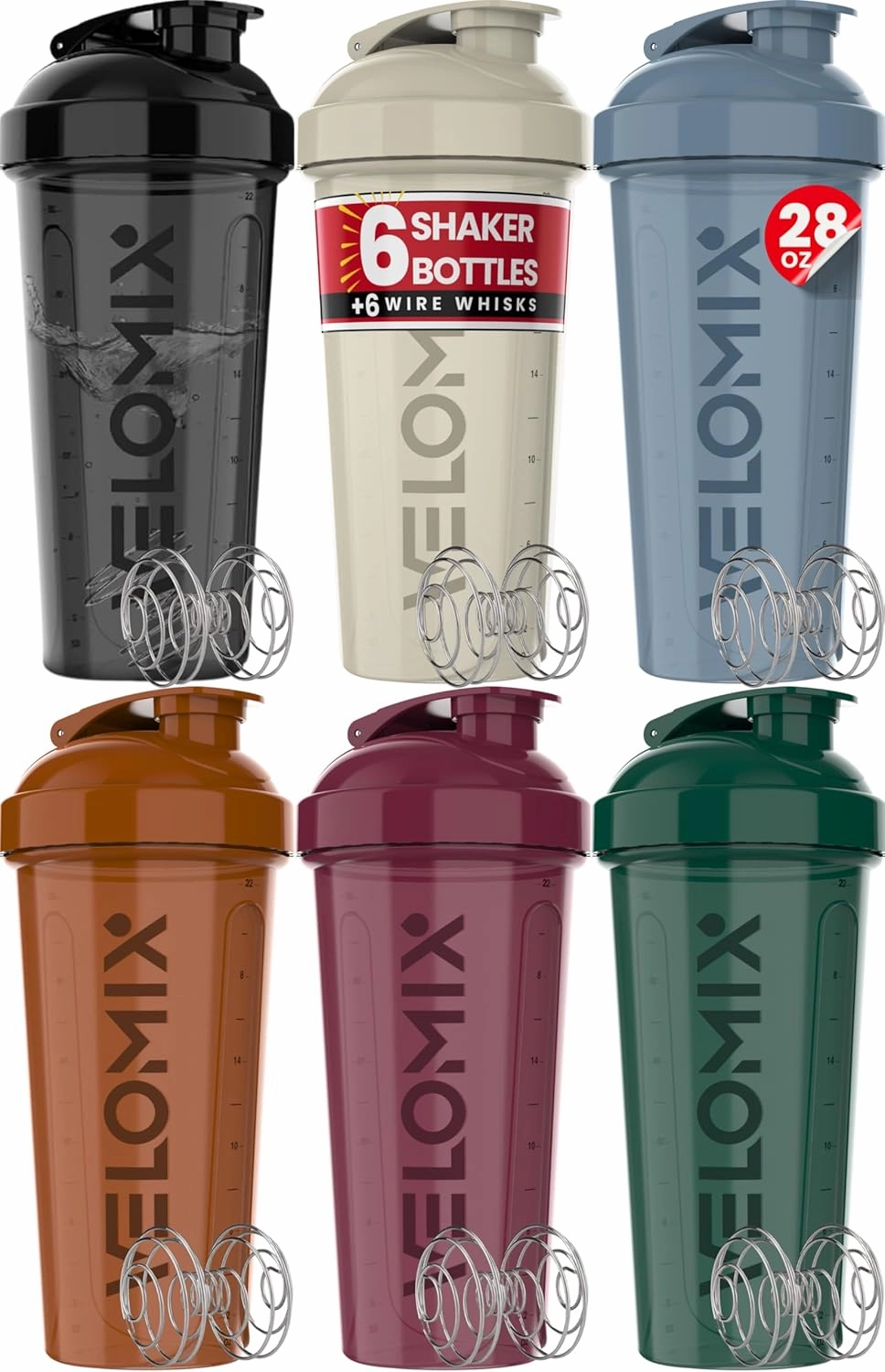 -6 PACK- Shaker Cups for Protein Shakes 28 oz - 6x Wire Whisk | Leak Proof Protein Shaker Bottle for Protein Shakes, Shaker Bottle Pack for Pre & Post Workout, Shaker Cup